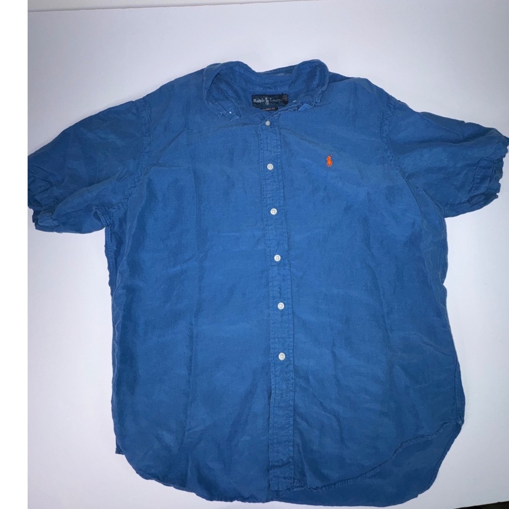 Polo Ralph Lauren Mens Large Blue Linen Cotton Short Sleeve Button Down Shirt